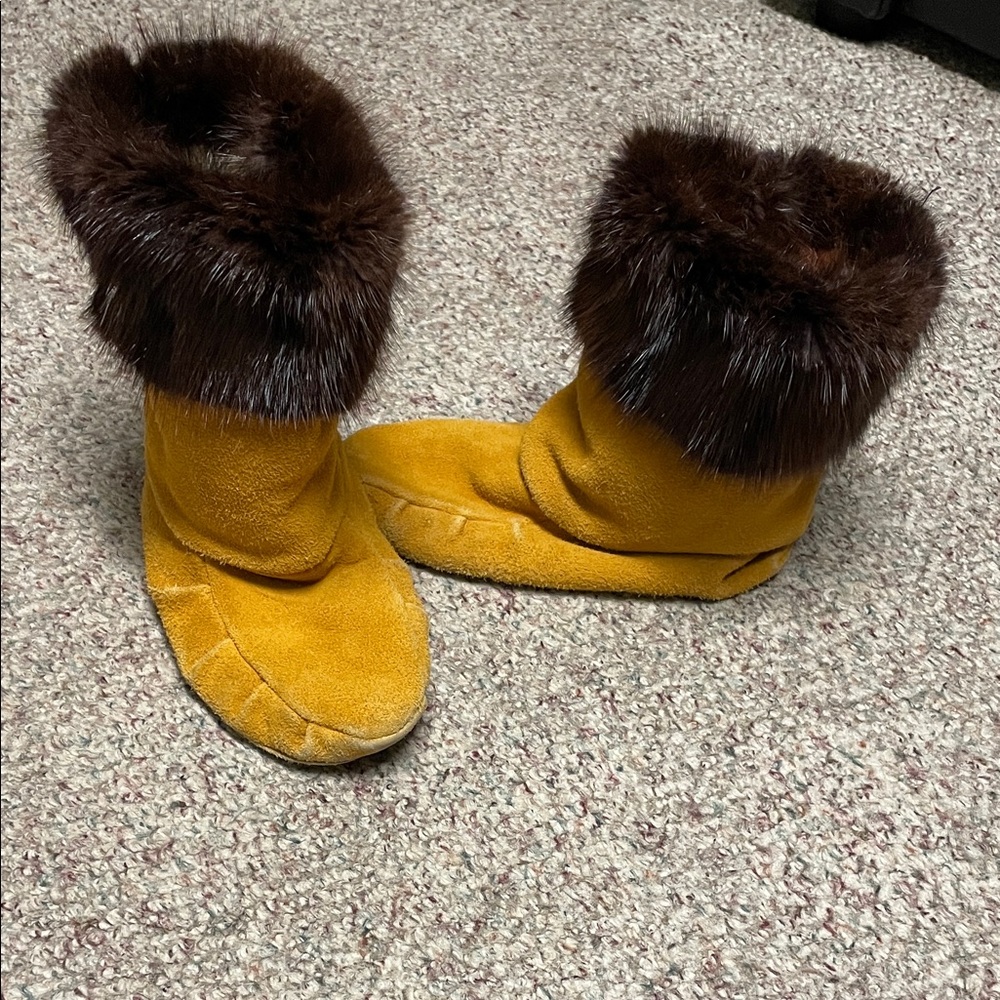 Vintage mink trimmed sherling lined Yellow Suede Boots - super warm